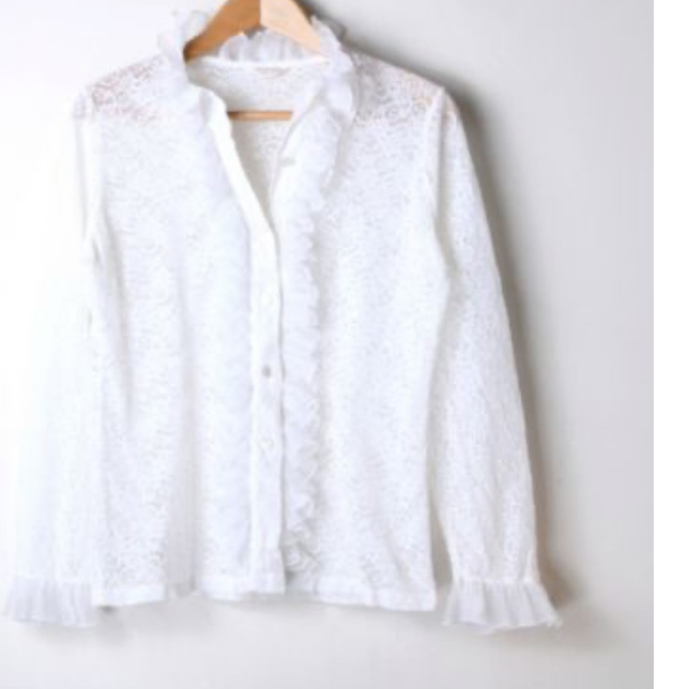 Vintage 70s White Lace Ruffled Blouse medium